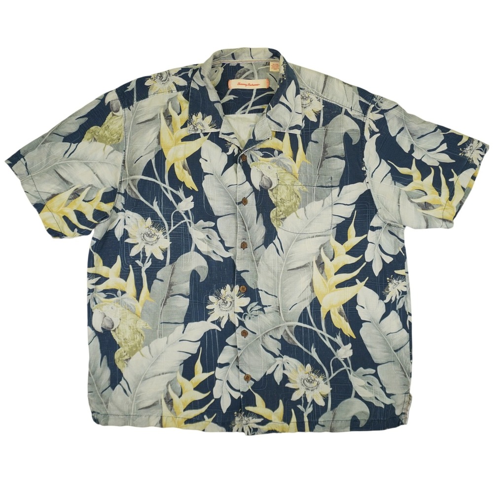 Tommy Bahama Button Up Shirt Mens XL‎ Blue Tropical Parrot Silk Short Sleeve